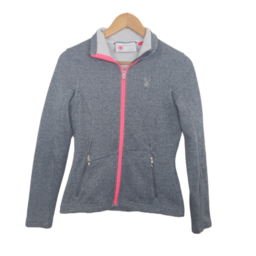 Spyder Empower Core Sweater Small Full Zip Jacket Pockets Gray Neon Pink
